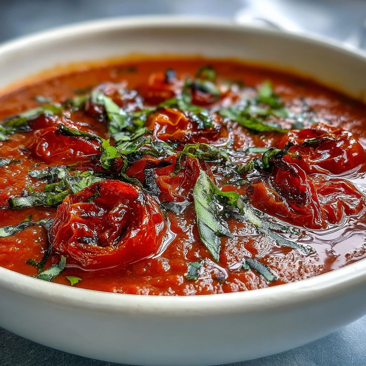 Silky roasted tomato basil soup served with a crusty bread slice for dipping, steaming gently on a wooden table.