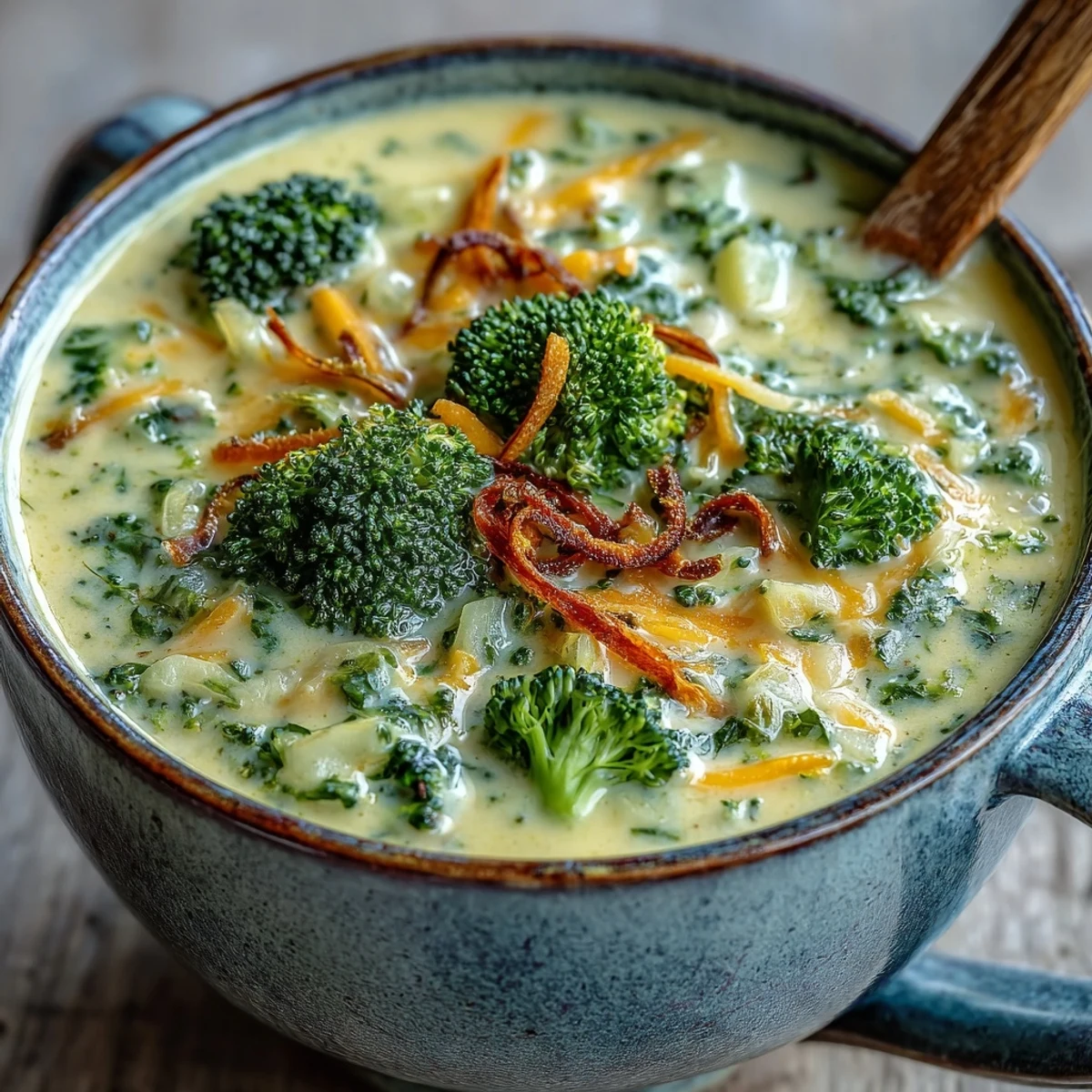 A warm bowl of homemade Broccoli Cheddar Soup garnished with fresh broccoli florets and shredded carrots in a rustic mug.  