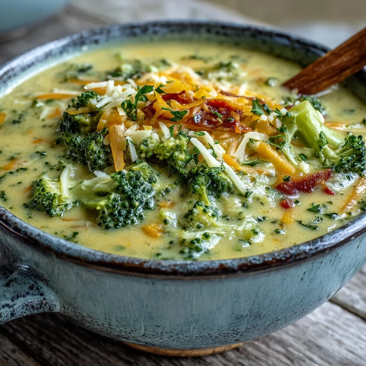 Creamy Broccoli Cheddar Soup served with a side of crusty bread, featuring melted cheddar and tender vegetables.  