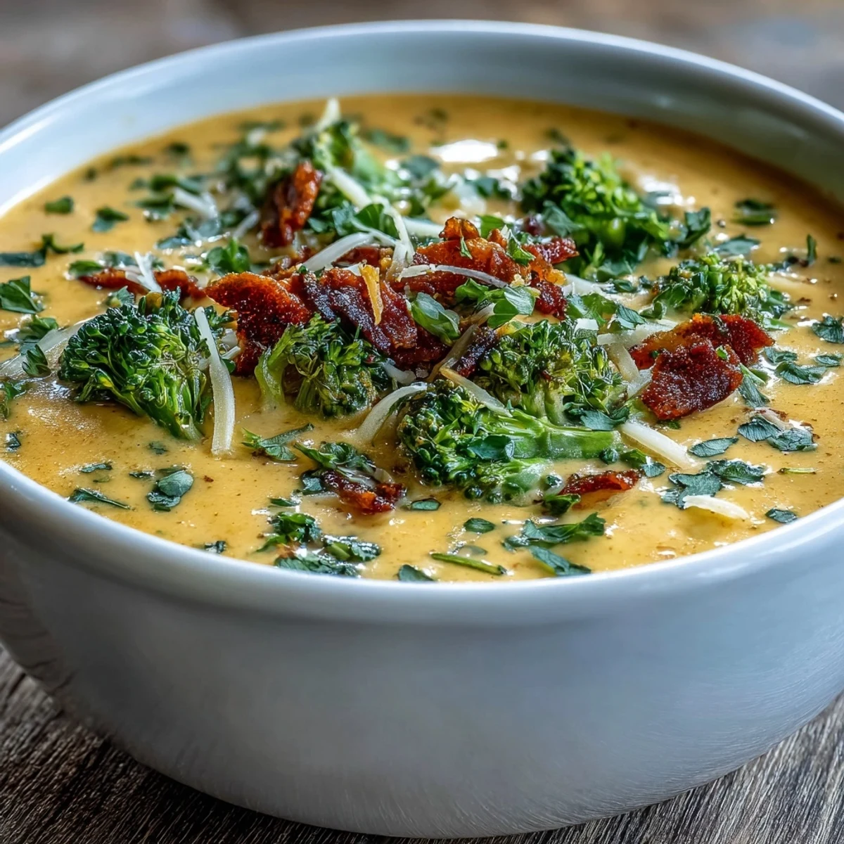 A hearty bowl of Roasted Broccoli Cheddar Soup, garnished with reserved florets and grated cheddar, ready to serve with crusty bread.