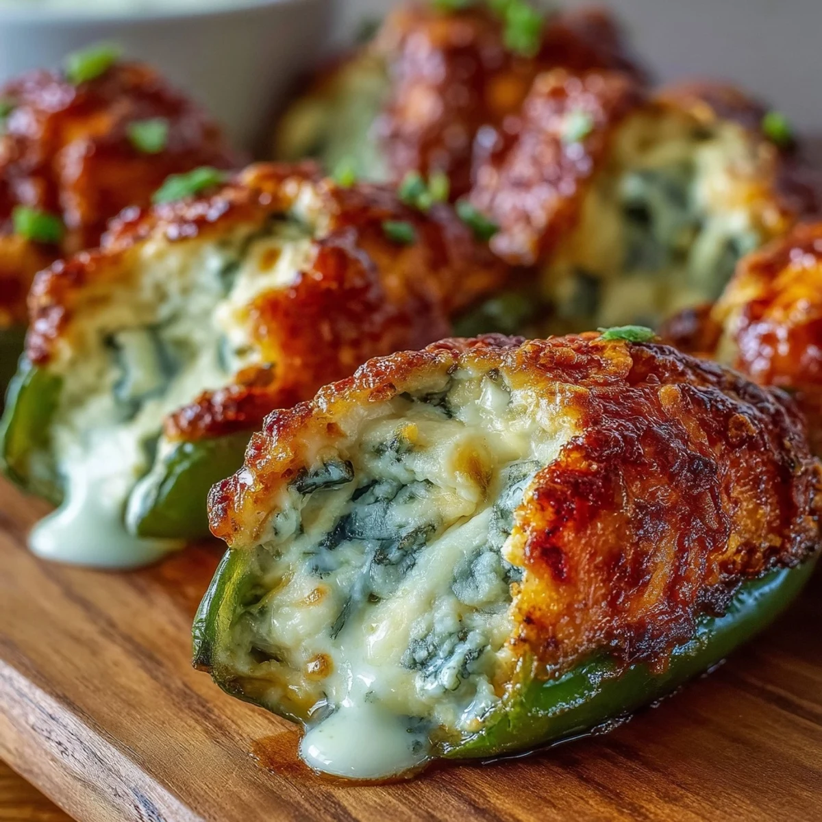 Golden-brown Buffalo Wing Poppers with bubbling blue cheese and chicken filling, resting on a baking sheet with fresh chives.  