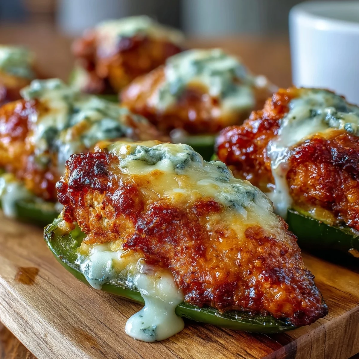 Spicy jalapeño halves stuffed with shredded chicken and creamy blue cheese, drizzled with tangy buffalo sauce for game day.  