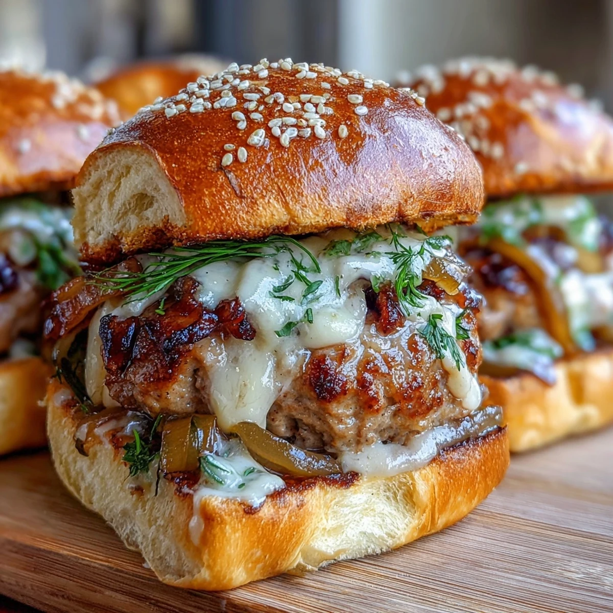 Golden-brown Touchdown Brat Sliders with beer cheese sauce, caramelized onions, and pickles on soft buns.  