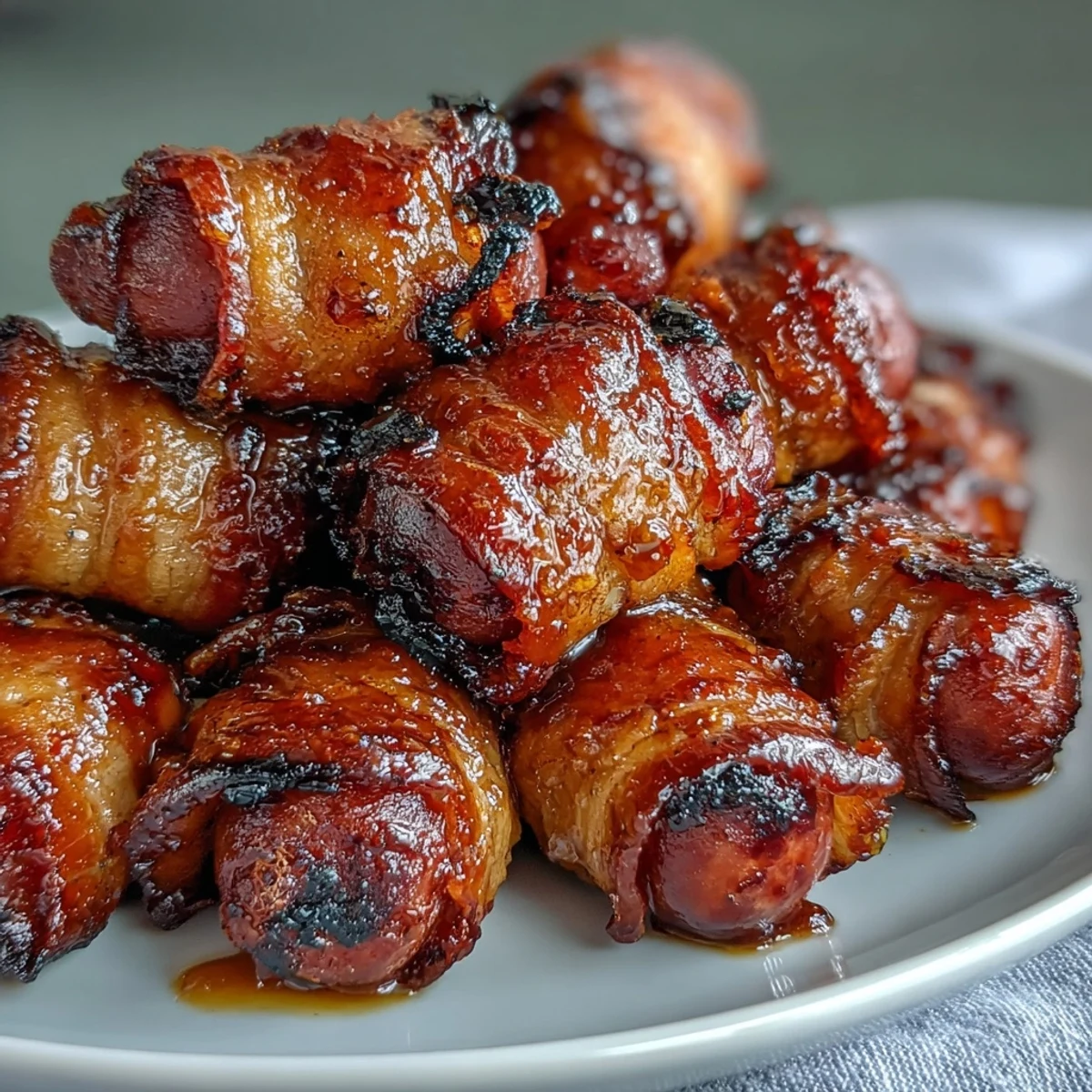 Golden-brown Bacon-Wrapped Smokies with a sticky, caramelized glaze, served warm as a crowd-pleasing party appetizer.