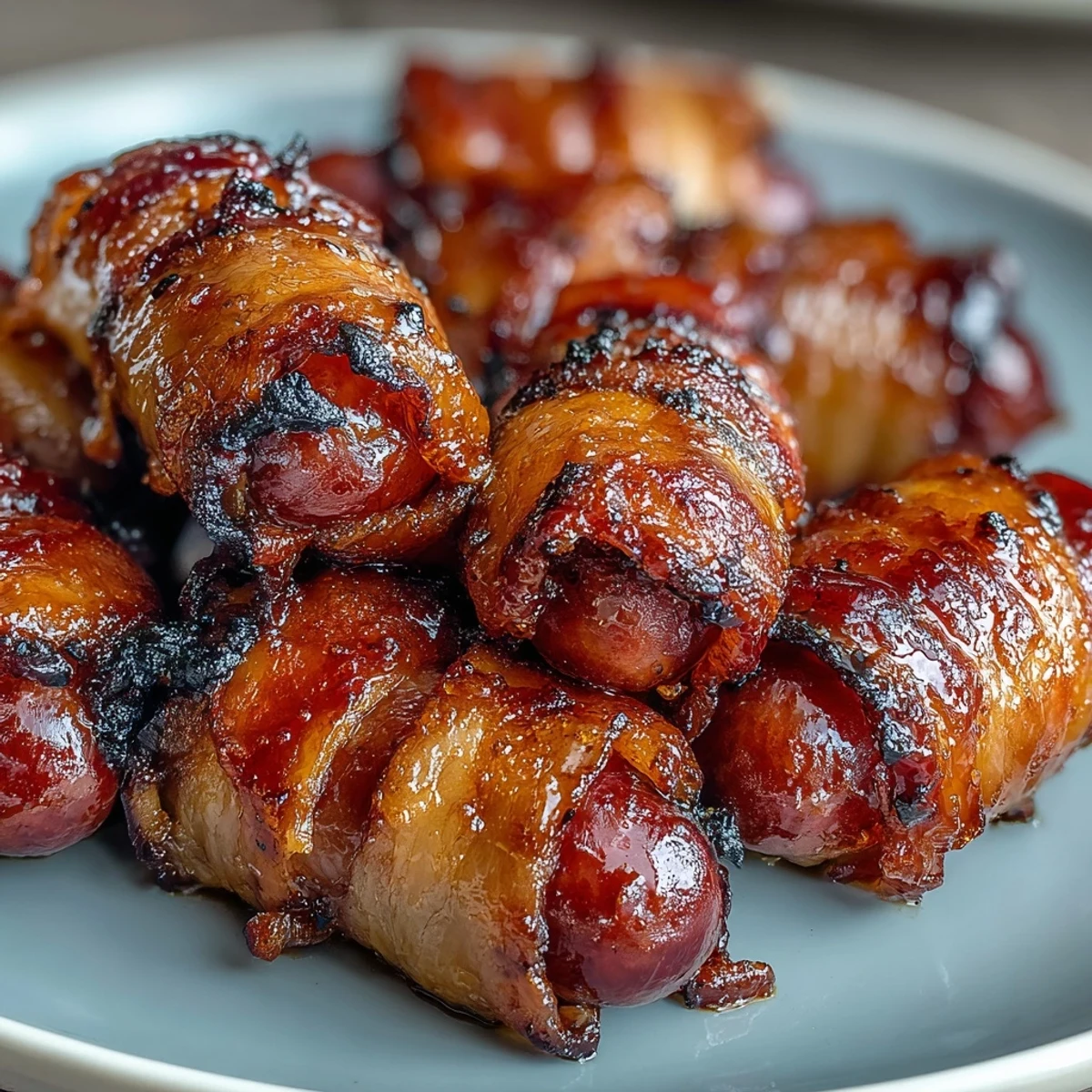 Savory Bacon-Wrapped Smokies finished with maple syrup glaze, perfect for game day or holiday gatherings.