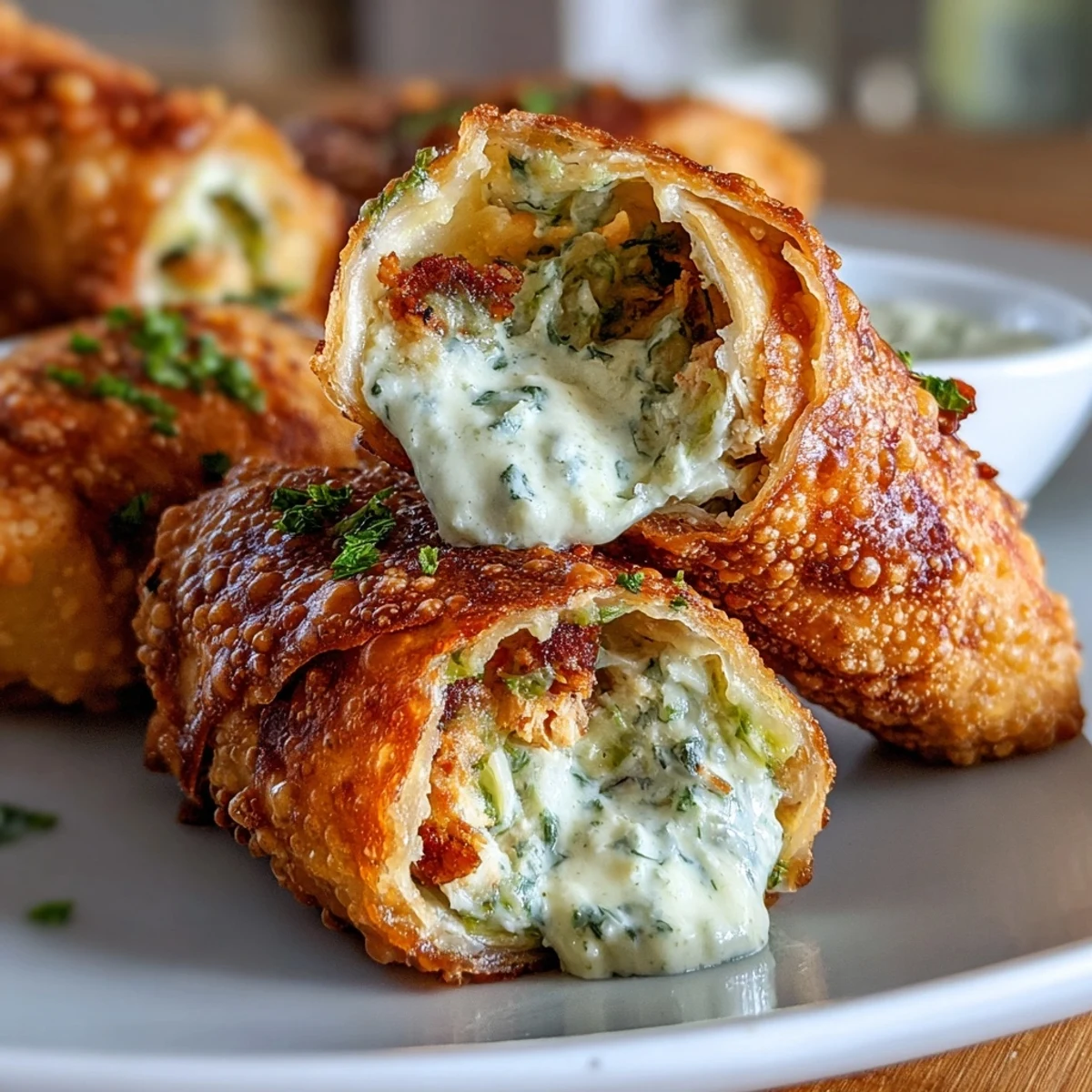 Golden, crispy Mini Chicken Chimis with jalapeño cream cheese, arranged on a platter with green enchilada sauce for dipping.  