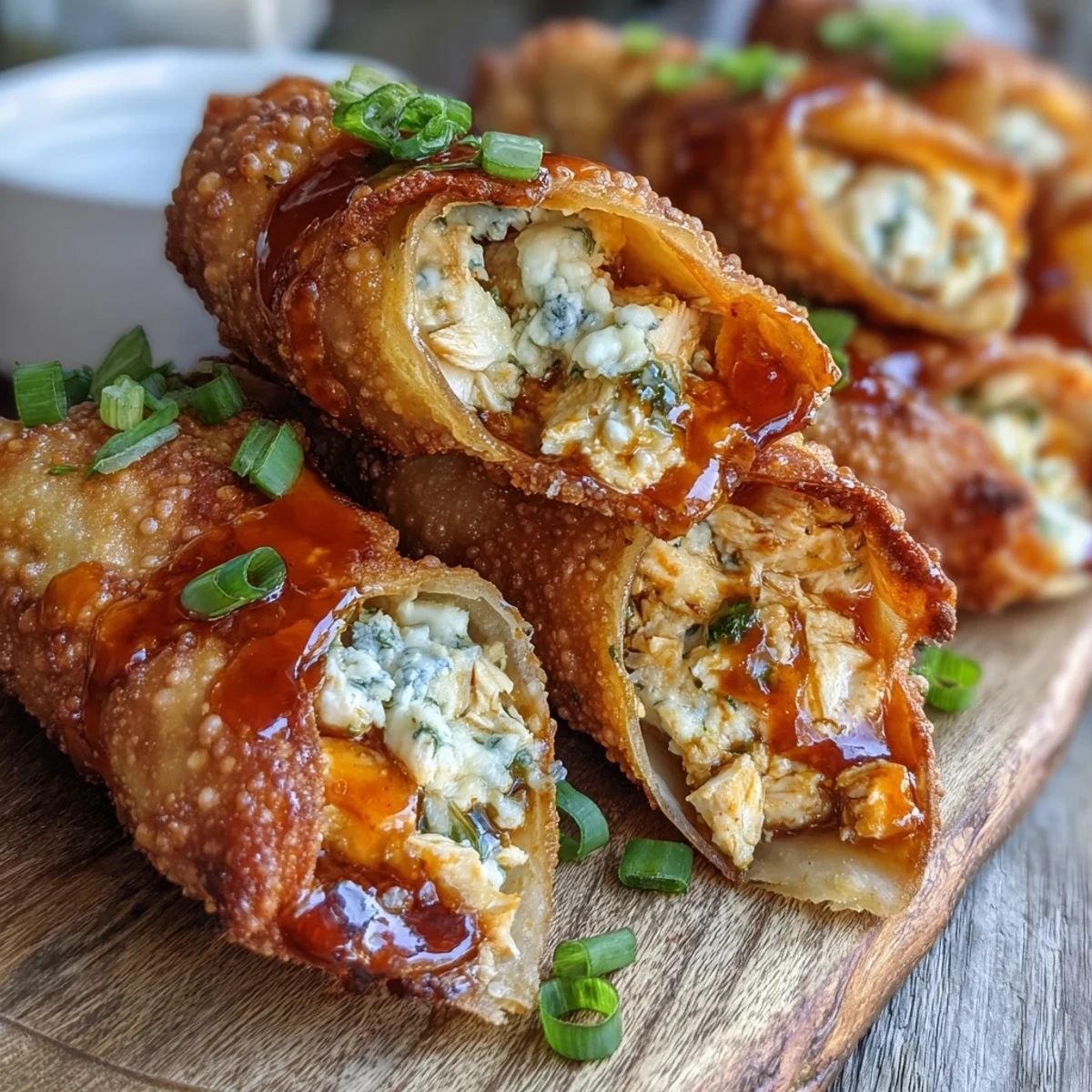A close-up of golden-fried Buffalo Chicken Egg Rolls next to fresh celery sticks and a creamy dipping sauce on a platter.