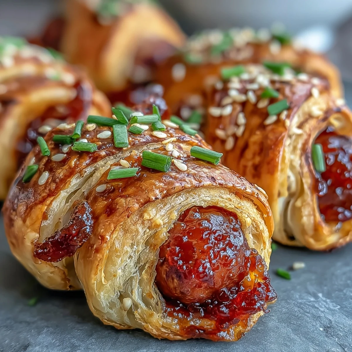 Golden-brown Pepper Jelly Hogs in a Blanket on a rustic platter, glistening with sweet glaze and fresh chives.