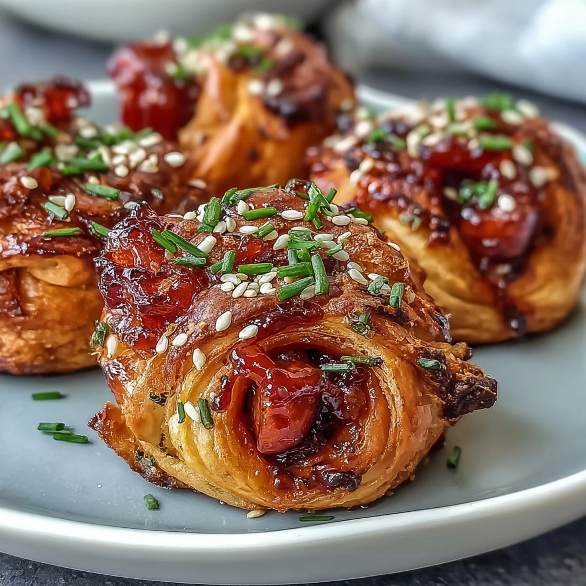 Two Pepper Jelly Hogs in a Blanket with flaky puff pastry, dipped in spicy pepper jelly on a marble surface.
