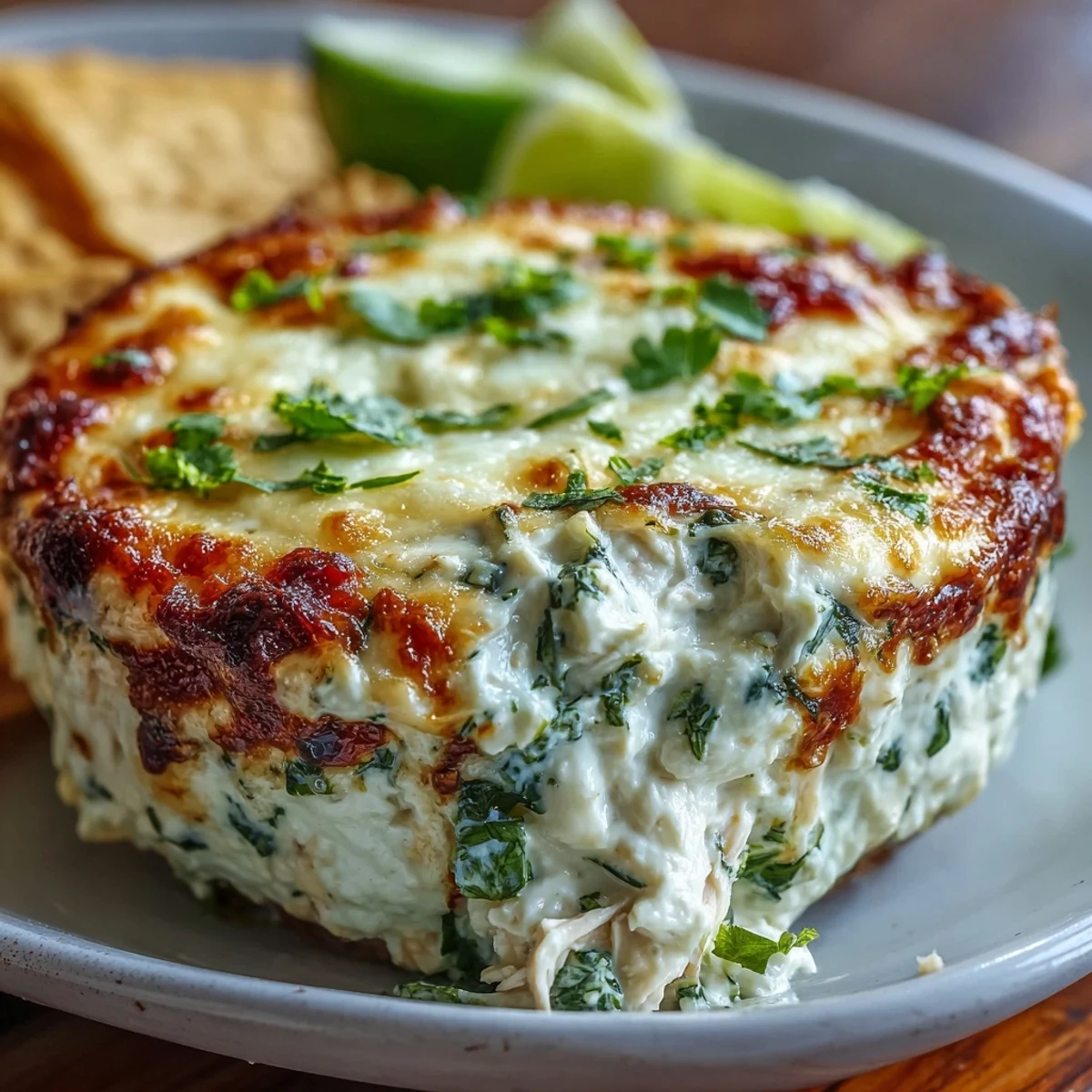 Golden, bubbly Cilantro and Lime Chicken With Scoops is baked until lightly browned and garnished with fresh cilantro and lime wedges.