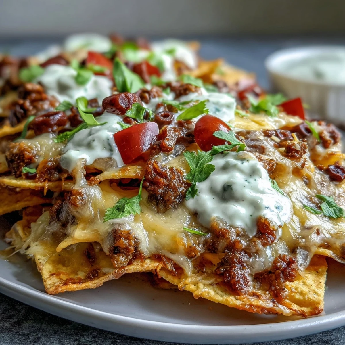 Golden, melted cheddar and Monterey Jack cheese blanket seasoned ground beef and crispy tortilla chips on a baking sheet, topped with fresh diced avocado and jalapeños for classic Baked Nachos.