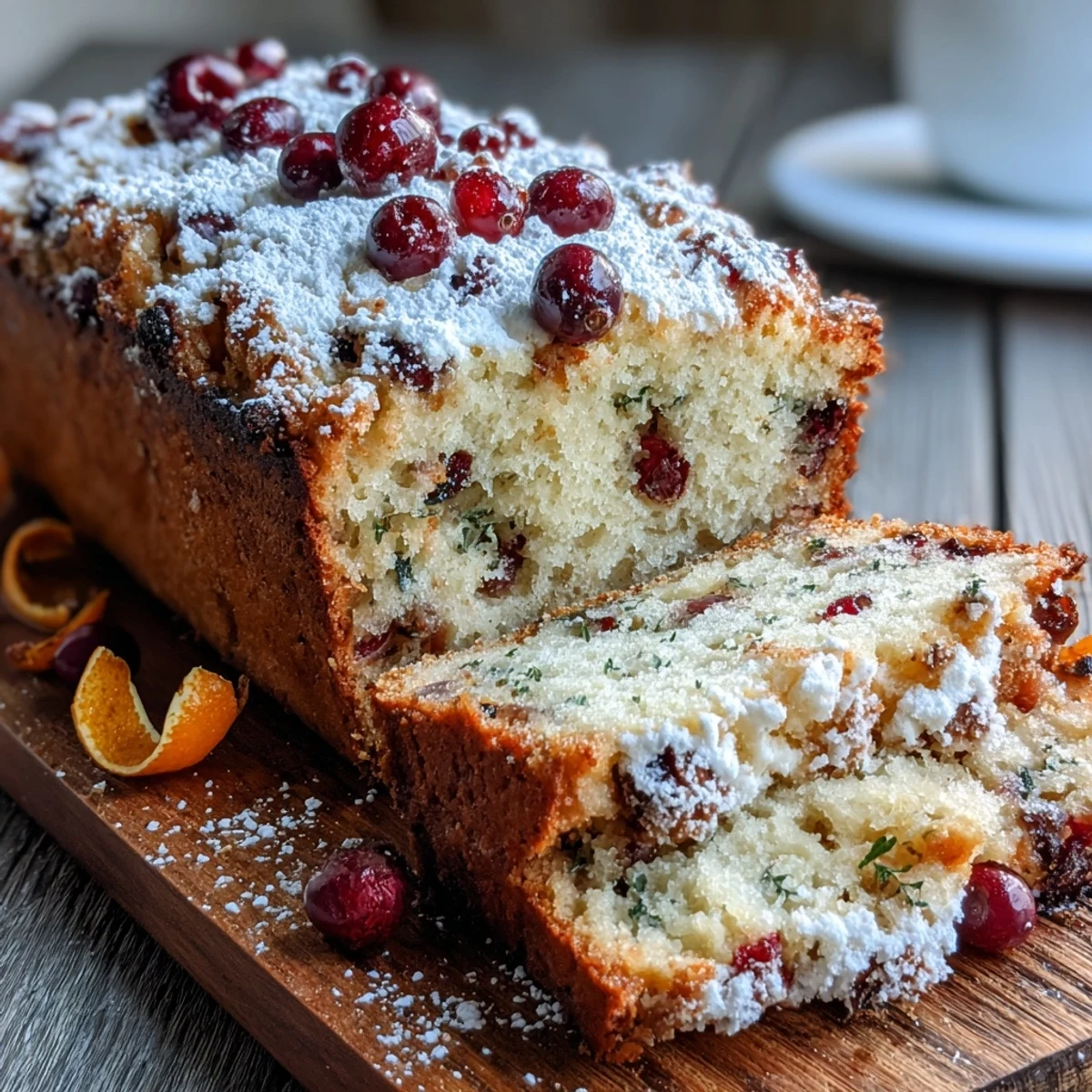Freshly baked Cranberry Orange Breakfast Cake cooled on a wire rack, dusted with powdered sugar and sliced to show tender crumb studded with vibrant orange zest and tart cranberries.