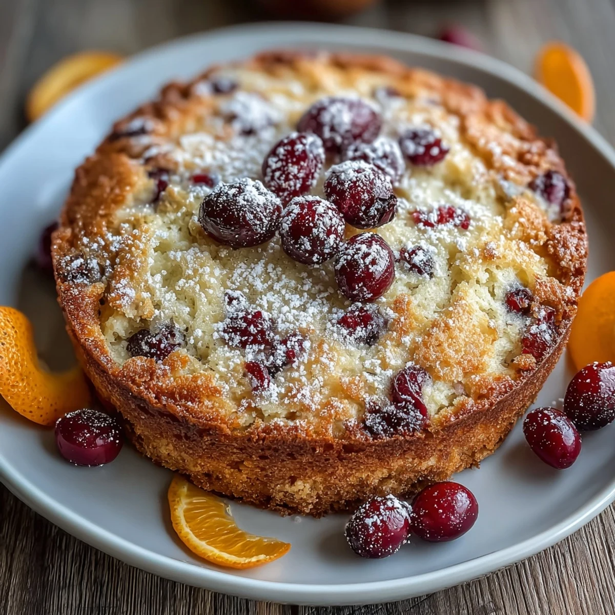 Golden-brown Cranberry Orange Breakfast Cake in a round pan, showcasing a fluffy texture and specks of orange zest, ready to be served for a cozy brunch.