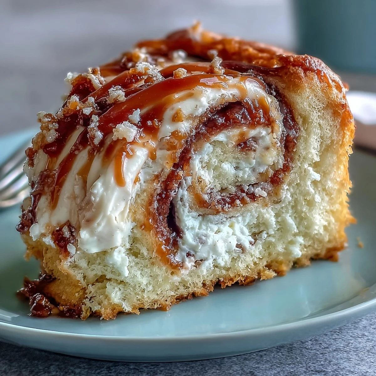 Freshly baked Caramel Cream Cheese Bread with a sweet caramel swirl on a rustic wooden board.