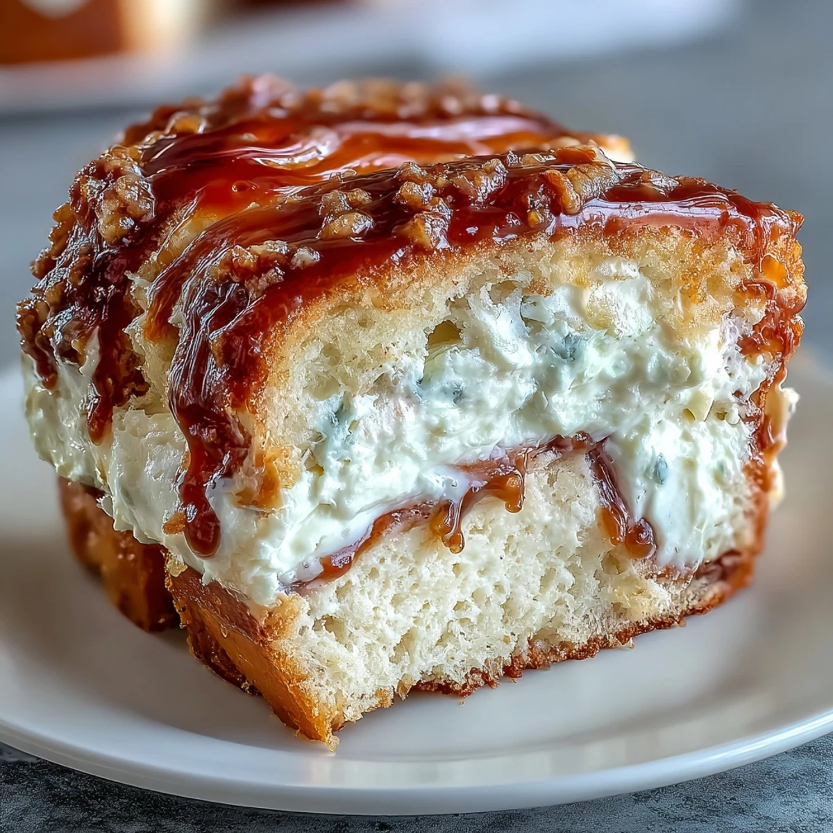 Thick slice of Caramel Cream Cheese Bread showing the creamy cheesecake-like center and gooey caramel ribbon.