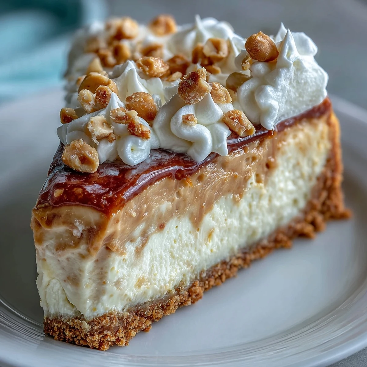 A close-up slice of Nutter Butter cheesecake showing the creamy peanut butter filling on a golden cookie crust, topped with whipped cream and chopped peanuts.