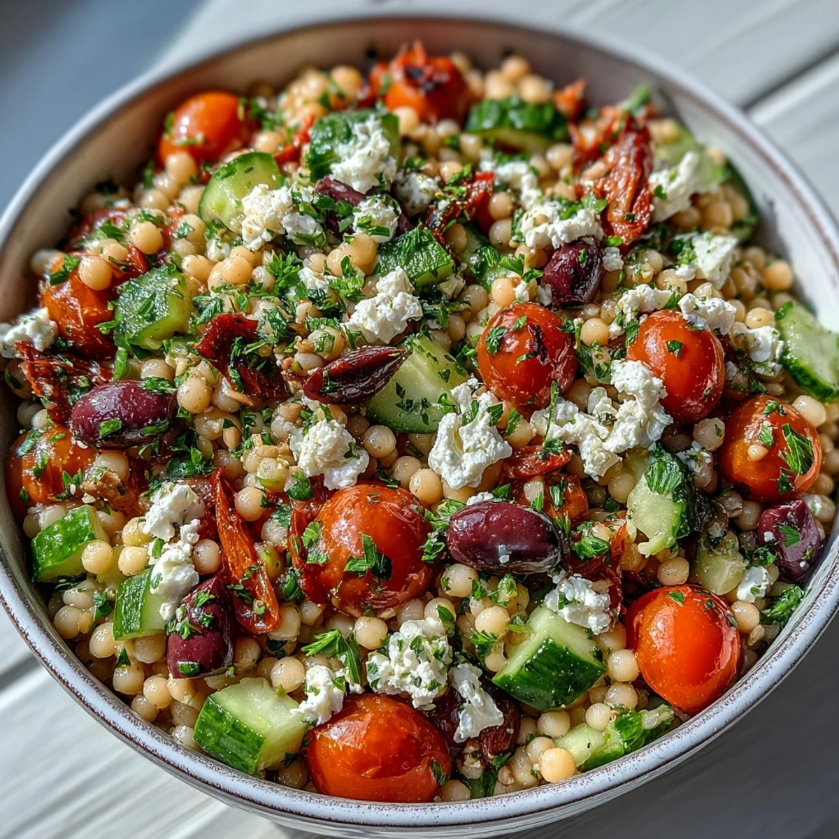 A close-up of Mediterranean Pearl Couscous salad with diced bell peppers, cucumbers, and olives, topped with crumbled feta and fresh parsley.