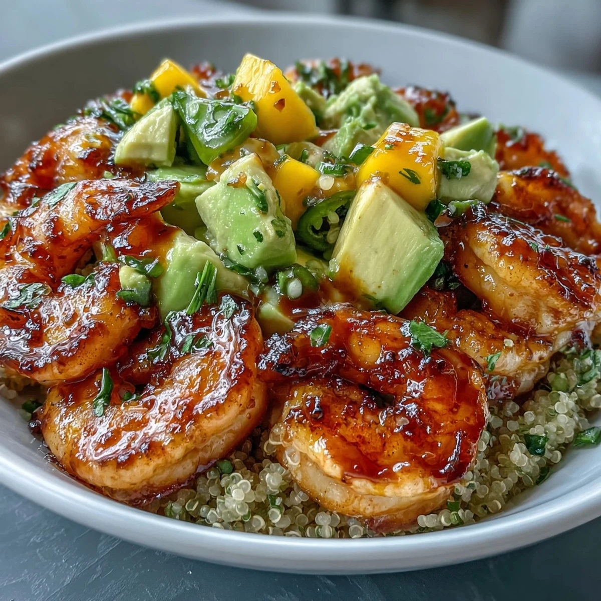 Grilled shrimp and creamy avocado bowls topped with zesty mango salsa and drizzled with lime chili sauce.