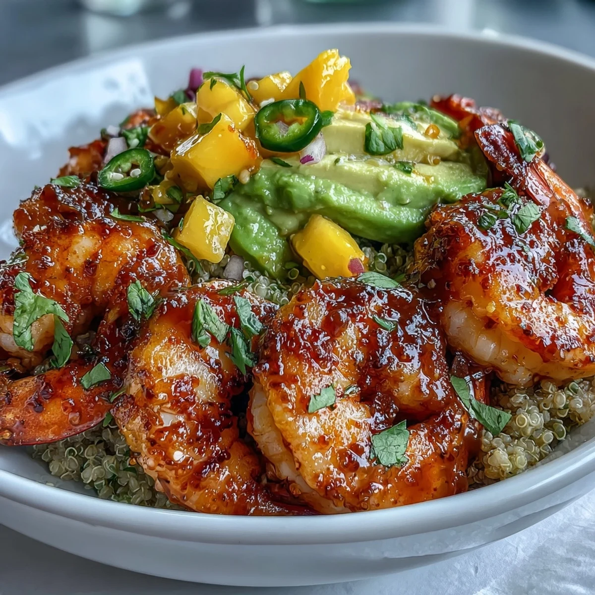 A close-up of Fresh Shrimp and Creamy Avocado Bowls with vibrant mango salsa and lime wedges.