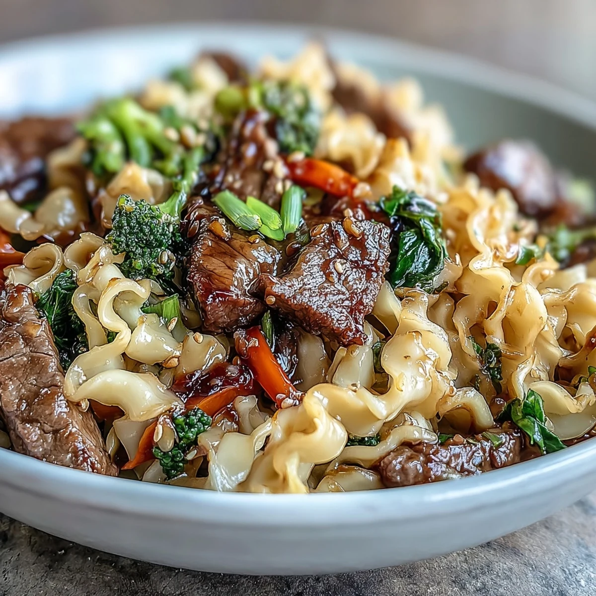 Golden-brown flank steak and vibrant broccoli sizzle beside silky rice noodles in a glossy sauce. 