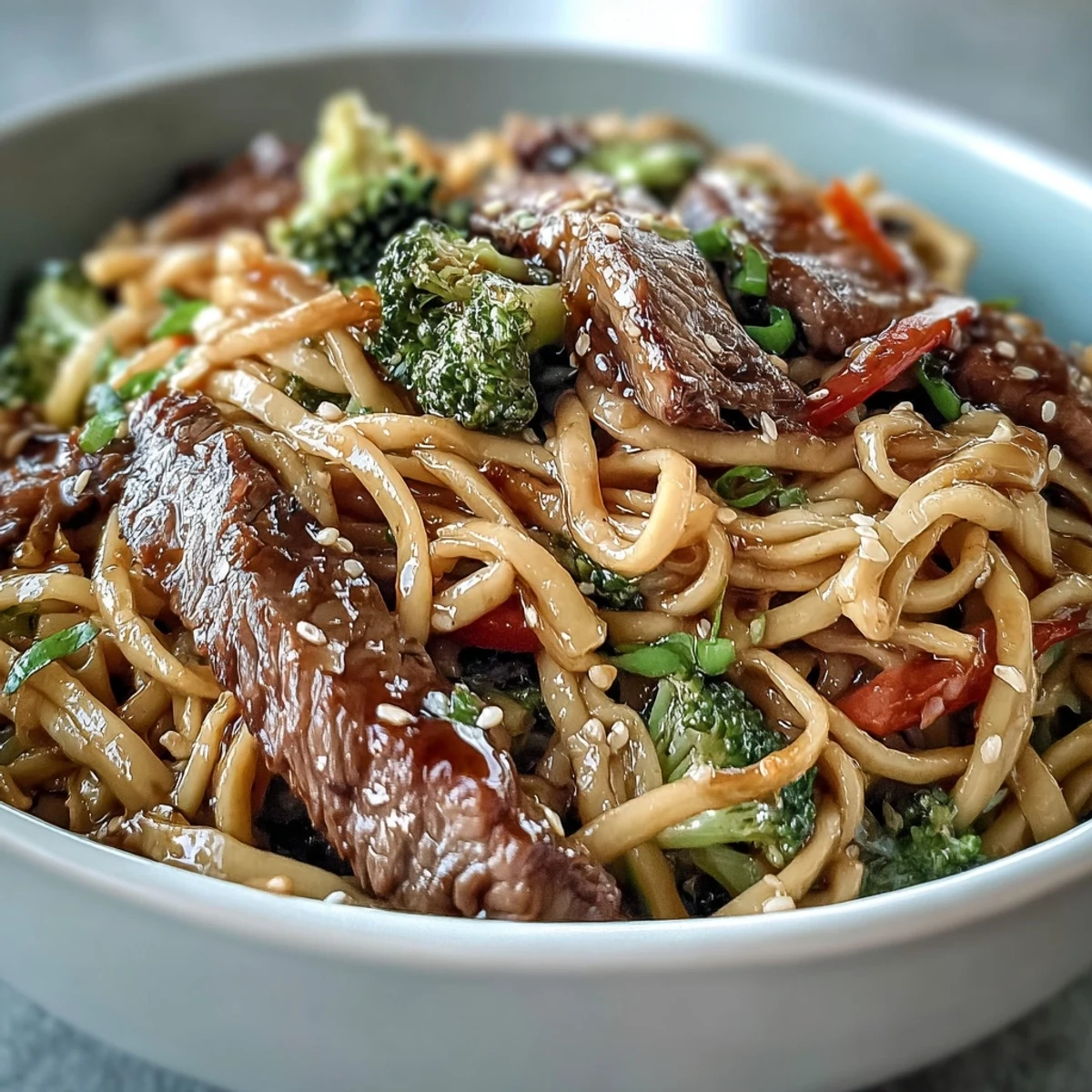 A close-up of Korean Beef Noodles highlights tender beef and crisp vegetables tossed in savory sauce. 