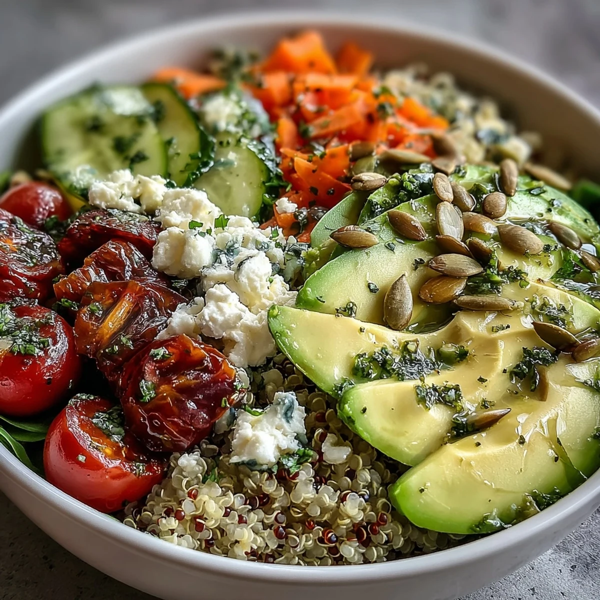 Colorful Simple Grain Bowl topped with grilled chicken, avocado, and crunchy pumpkin seeds, served on a white plate.
