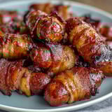 Crispy bacon-wrapped smokies glazed with brown sugar and a hint of cayenne on a parchment-lined baking sheet.