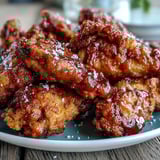 Golden Fried Chicken Wings tossed in Thai sweet chili sauce with a bright lime wedge garnish.