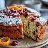 A moist slice of Cranberry Orange Breakfast Cake on a white plate, with a glass of orange juice and morning sunlight highlighting the juicy cranberry pieces.