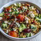 A bright serving bowl of Mediterranean Pearl Couscous featuring cherry tomatoes, red onion, and a zesty oregano vinaigrette, perfect for lunch.
