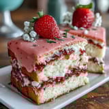 Elegant vanilla sponge layered with silky pink buttercream, decorated with delicate edible flowers for Mothers Day.  