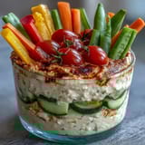 Creamy hummus and crisp vegetable sticks arranged in portable snack cups for a healthy, protein-packed treat.