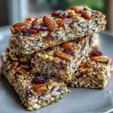 Wholesome homemade granola bars featuring crunchy oats, mixed nuts, and sweet dried fruit, ideal for picnics and hikes.  