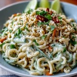 Cold Sesame Noodle Bowl with Cucumber: vibrant Asian-inspired dish featuring nutty tahini dressing, crunchy vegetables, and a sprinkle of sesame seeds.  