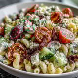 Colorful summer pasta salad bursting with Mediterranean flavors, featuring juicy tomatoes, crisp cucumbers, and creamy feta cheese.
