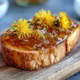 A spoonful of delicate dandelion jelly glistens on a white plate, its translucent texture hinting at the subtle honey-like taste within.