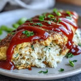 Japanese Omurice with vibrant ketchup rice nestled in fluffy eggs.