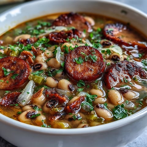 Hearty Southern-Style Black-Eyed Peas simmered with smoky sausage and spices, ready to eat.