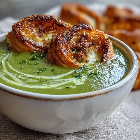Creamy Broccoli and Butternut Squash Soup With Pastries served steaming hot with a golden, flaky brie and cheddar pastry on the side.