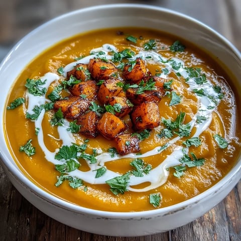 Creamy, golden Butternut Squash and Lentil Soup served steaming hot in a white bowl, garnished with fresh cilantro and a coconut swirl.