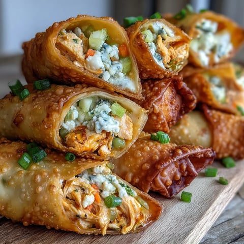 Crispy golden Buffalo Chicken Egg Rolls filled with spicy chicken, creamy cheese, and crunchy vegetables, served with a side of blue cheese dip.