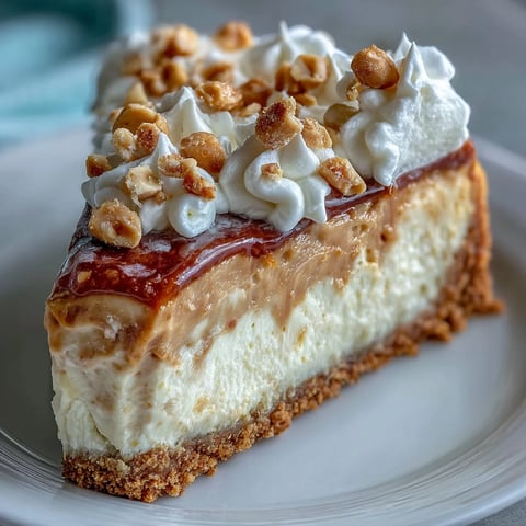 A close-up slice of Nutter Butter cheesecake showing the creamy peanut butter filling on a golden cookie crust, topped with whipped cream and chopped peanuts.