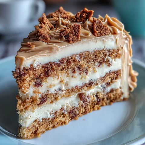 A slice of Decadent Baked Biscoff Cake showcases creamy Lotus frosting and crunchy biscuit crumbles on a plate.