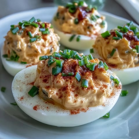 Million Dollar Deviled Eggs garnished with paprika and chives served on a white platter.