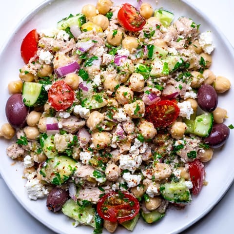A close-up shot of the Tuna Chickpea Salad bowl, showcasing the protein-rich ingredients.