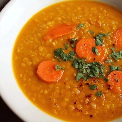 A close-up shot of hearty Spiced Carrot Lentil Soup, perfectly garnished and ready to serve.