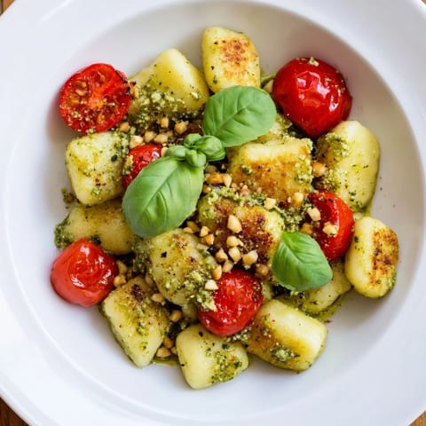 Pan-fried crispy gnocchi coated in fresh pesto, with bursts of red cherry tomatoes, ready to serve and enjoy.