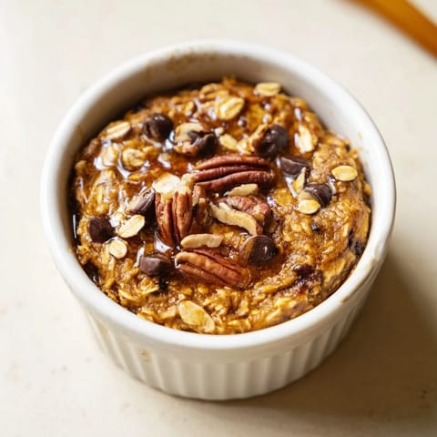 Warm Pumpkin Spice Baked Oats, served in a ramekin, inviting with a sweet aroma.