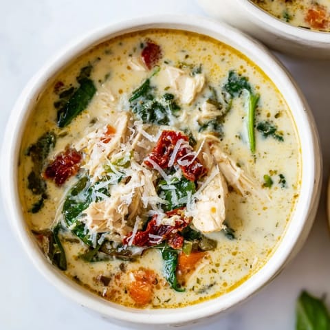 A ladle lifts velvety Tuscan Chicken Soup with shredded chicken, sun-dried tomatoes, and herbs from a pot on the stove.