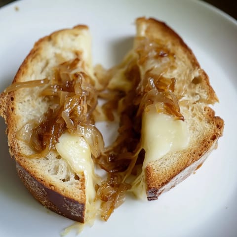 Caramelized Onion & Gruyère Grilled Cheese sits on a wooden cutting board, showing melted cheese and golden crust.